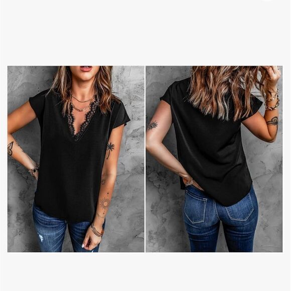 lime flare Dressy Lace Trim Blouse Tops Popular Short Sleeve Shirt - Picture 3 of 5